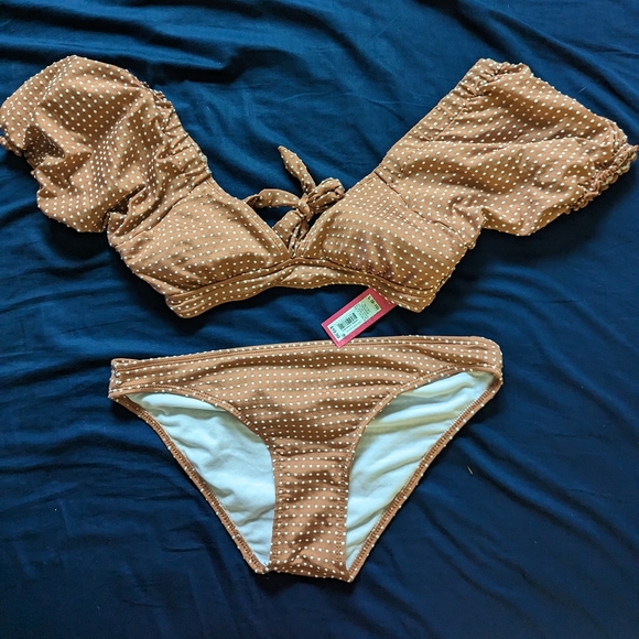 NWT Xhileration puff shoulder swimsuit brown with white polka dots, Large - Picture 2 of 4